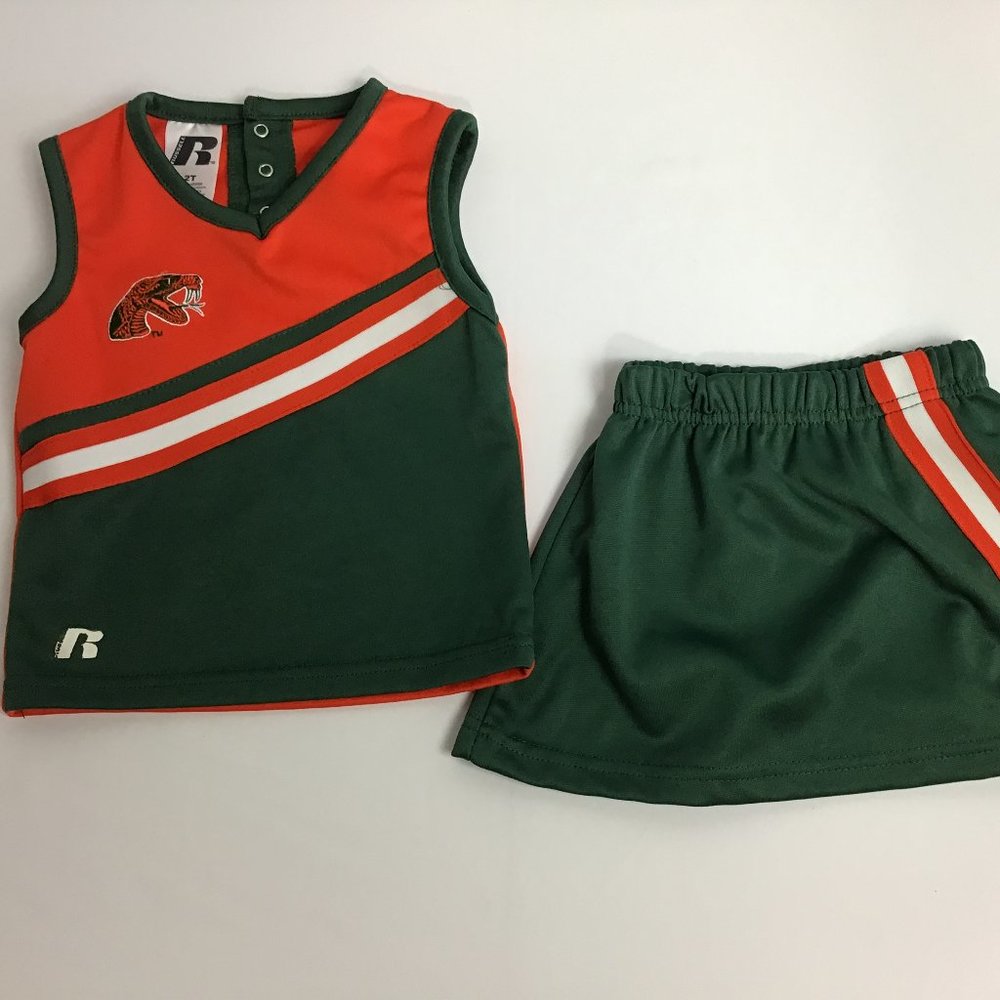 FAMU Toddler Girls Green & Orange Cheerleader Uniform w/ Bonus Orange Shorts 2T